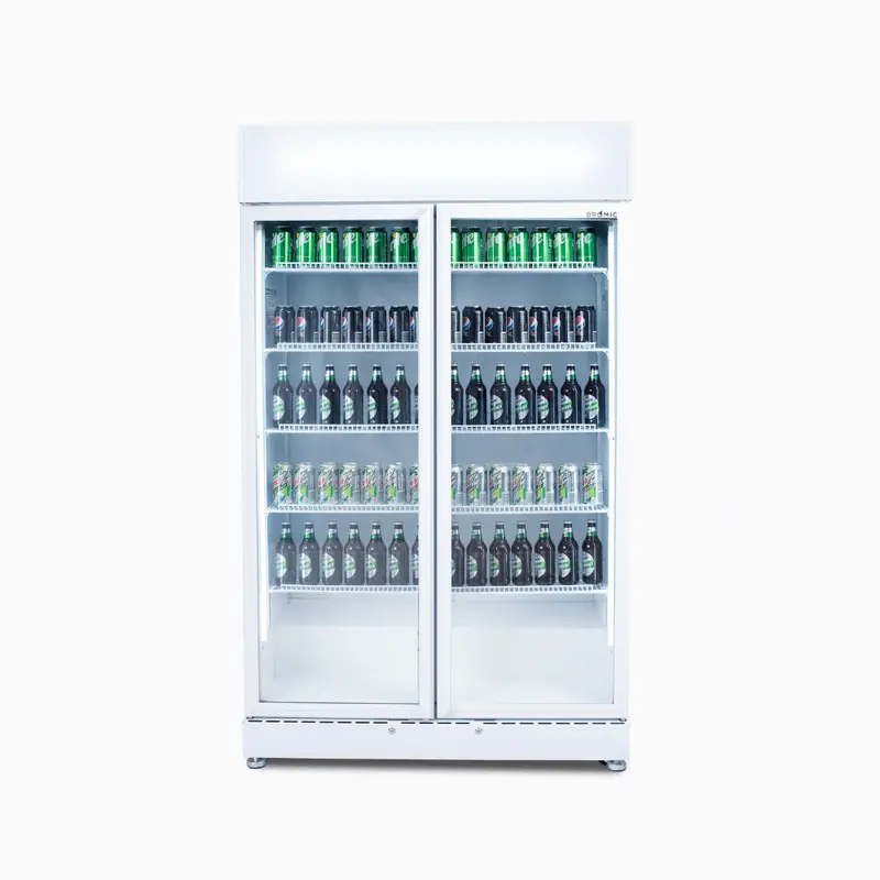 885L Dual-Door Upright Display Fridge – Flat White Glass 1