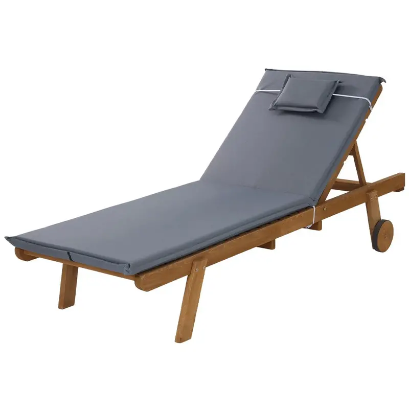Adjustable Wooden Outdoor Sun Lounge Chair – Grey With Wheels & Cushion 1