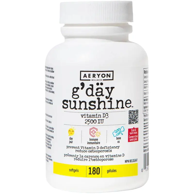 Aeryon Wellness G’Day Sunshine Vitamin D3 – 2500 Iu, 180 Softgels 1