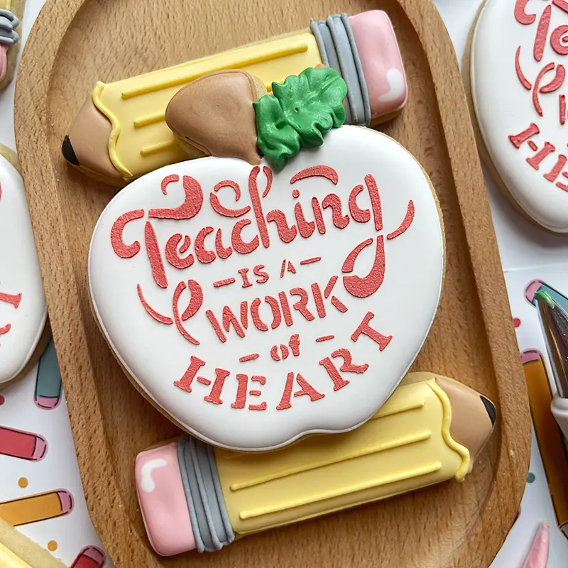Apple With Leaf Cookie Cutter Featuring 'Teaching Is A Work Of Heart' Stencil 1