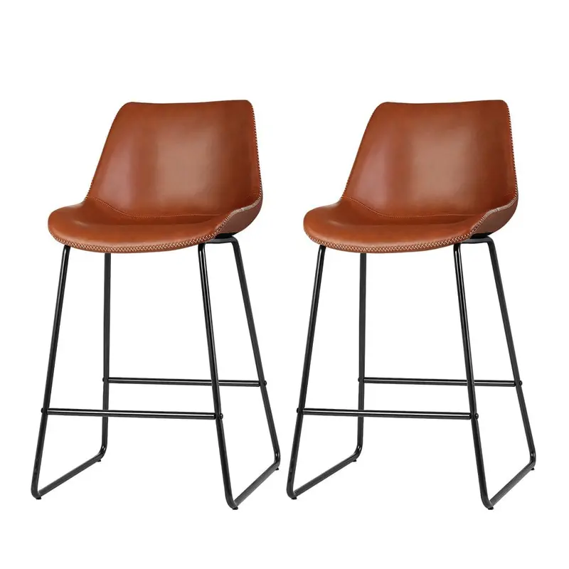 Artiss Dual-Material Bar Stools – Brown Leather Seats With Metal Frames (Set Of 2) 1