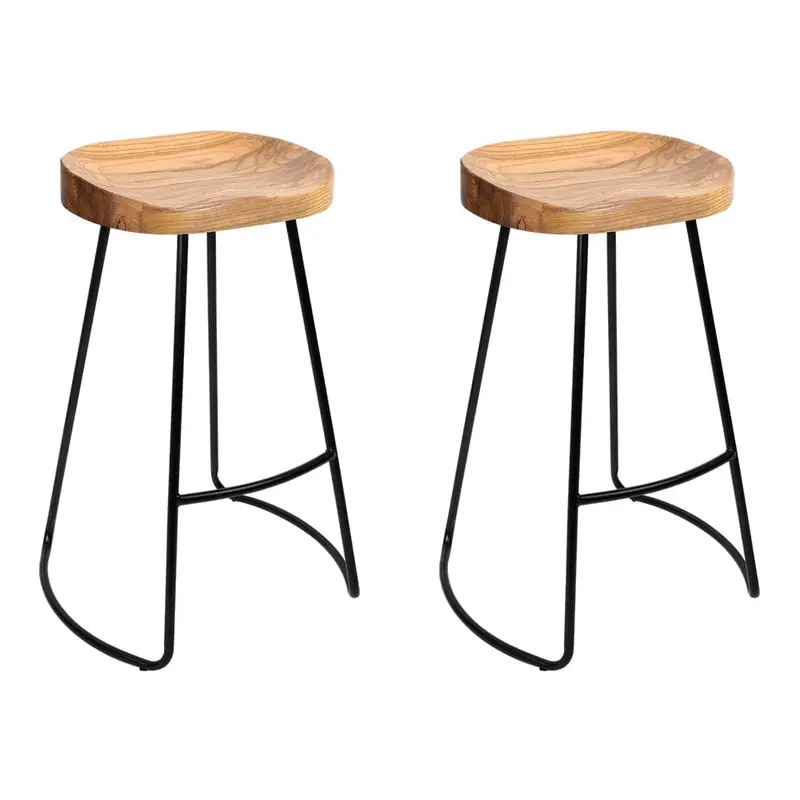 Artiss Set Of 2 Elm Wood Backless Stools – 65Cm, Black & Light Natural Grain 1