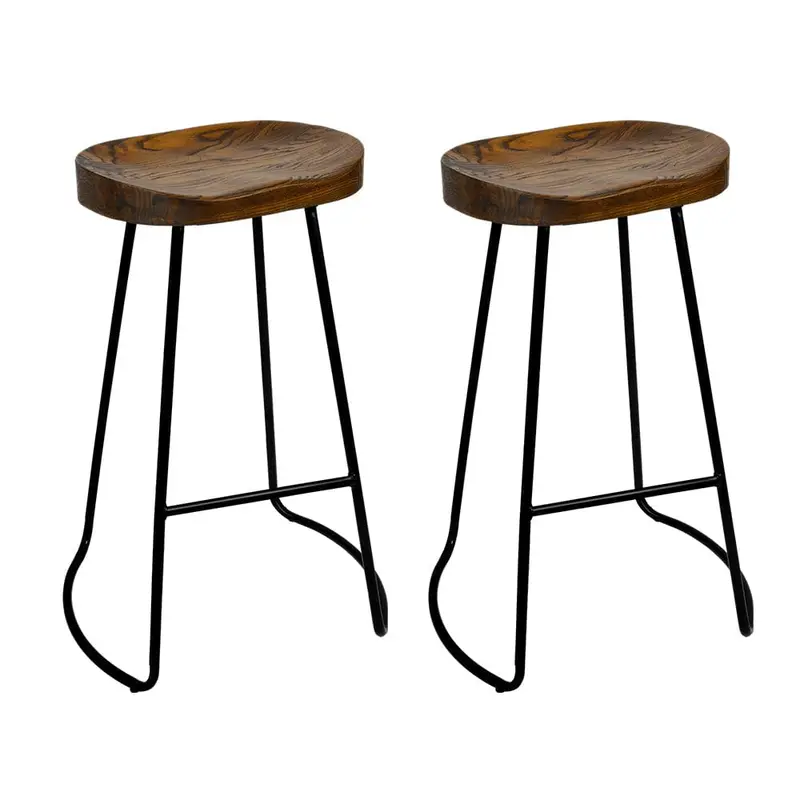Artiss Set Of 2 Elm Wood Backless Stools – 65Cm Height, Black & Dark Natural Finish 1