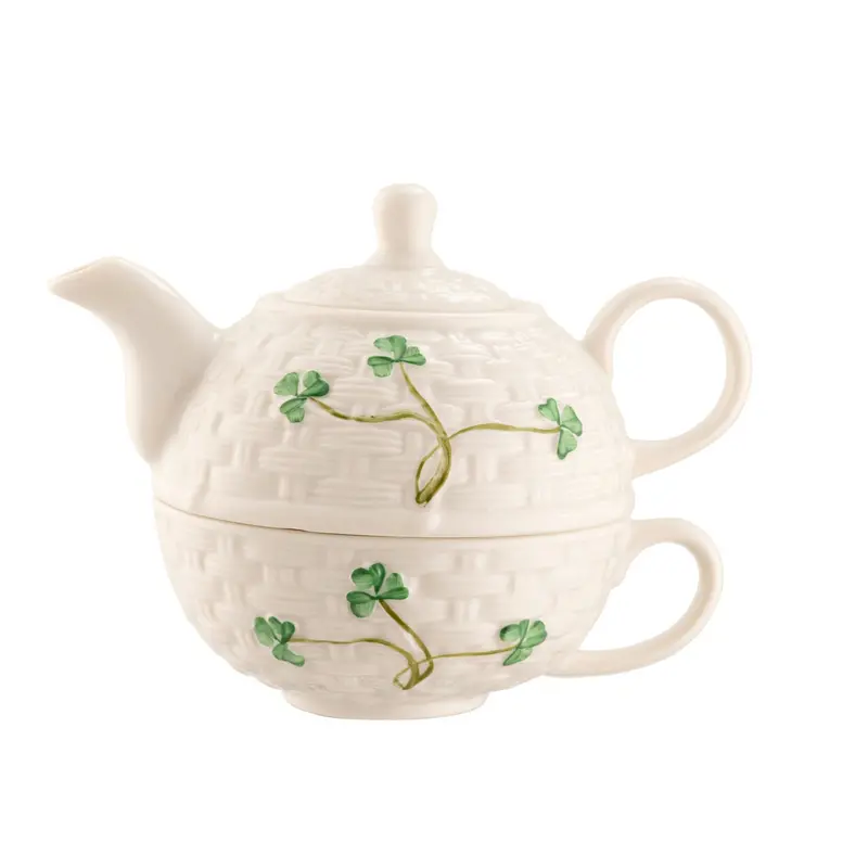 Belleek Classic Shamrock Tea For One Set – Ceramic Teapot And Cup Ensemble 1
