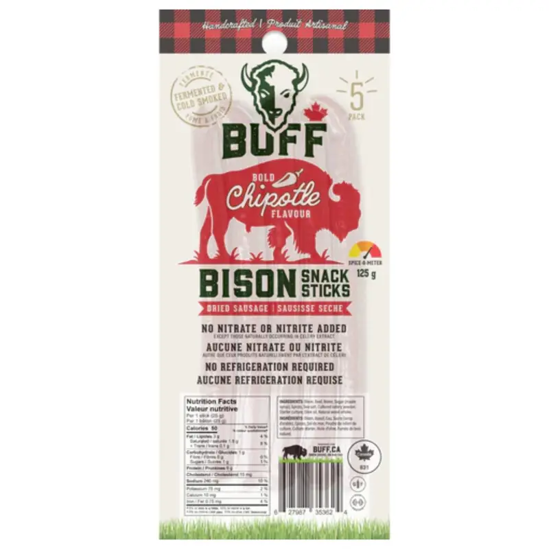 Buff Bold Chipotle Bison Snack Sticks – 5-Pack (120G Total) 1