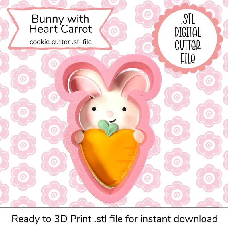 Bunny Holding Heart-Shaped Carrot Cookie Cutter Stl (Digital Download) 1
