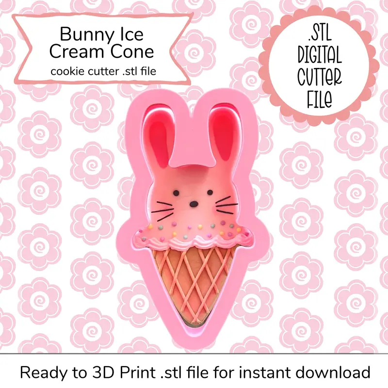 Bunny Holding Ice Cream Cone Cookie Cutter Stl – Sweet Treat Digital Download 1