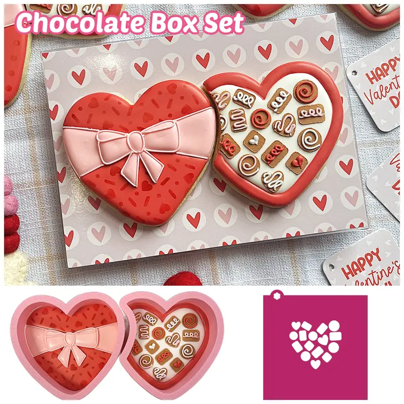 Chocolate Box-Shaped Cookie Cutter Pair With Matching Stencil 1