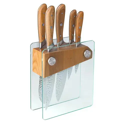 Denby Ash Wood Knife Block Set – 5-Piece Smoked Glass & Wood 1