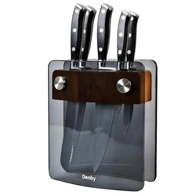 Denby Smoked Glass Knife Block – 5-Piece Ash Wood Handle Set 1