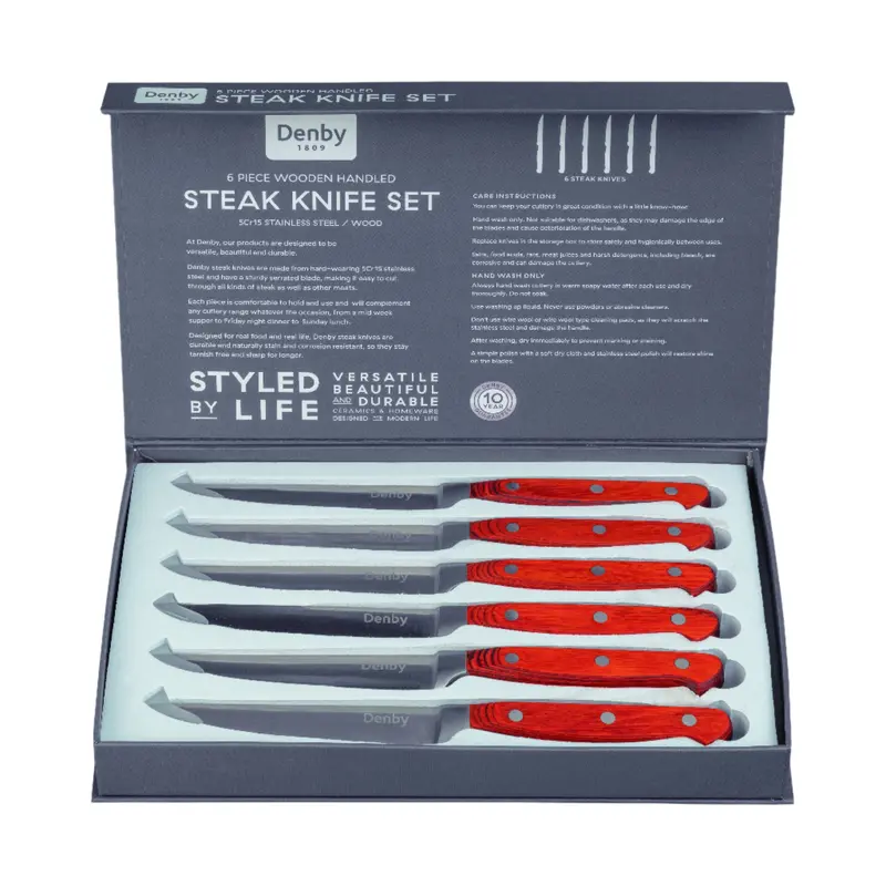 Denby Wooden-Handle Steak Knife Set – Premium 6-Piece Cutlery Collection 1