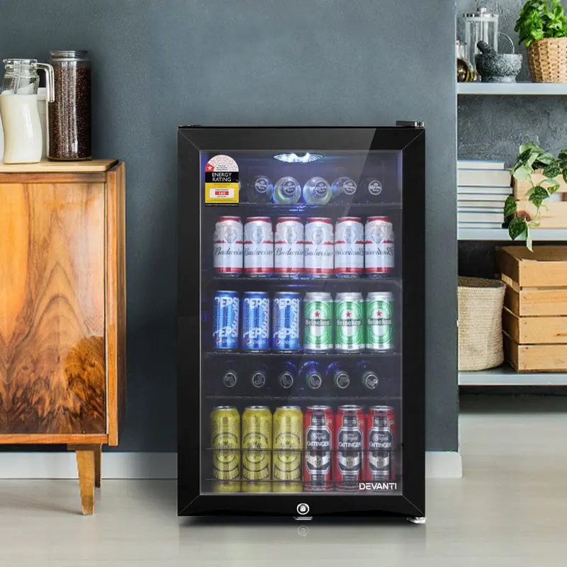 Devanti 115L Glass-Door Bar Fridge With Interior Lighting – Black 1