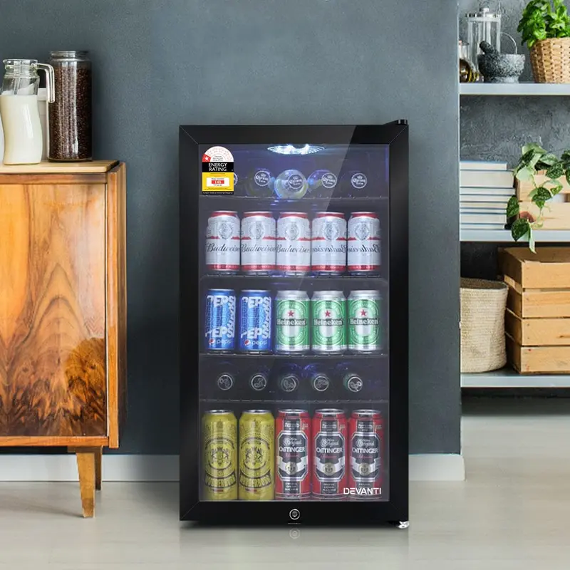 Devanti 98L Glass-Door Bar Fridge With Freezer – Black Mini Refrigerator 1