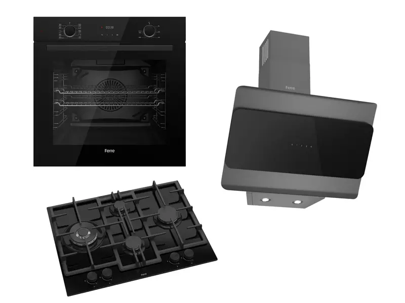 Ferre 60Cm Built-In Electric Oven, Gas Hob & Layered Chimney Hood Pack – Black 1