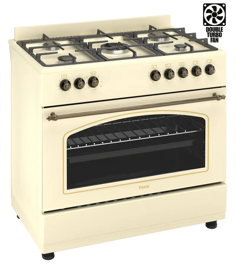 Ferre F9S50E7-Cr-Retro 90 Cm Cream Dual-Fuel Range Cooker With Double Turbo Fan And 5-Burner Hob (1 Wok) 1
