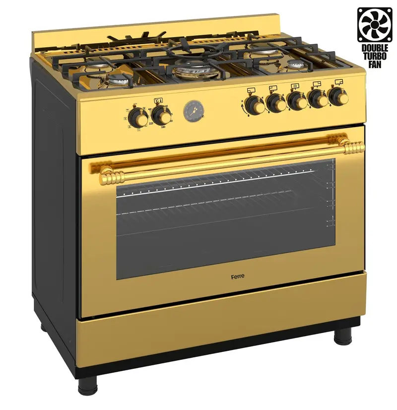 Ferre F9S50E7-Gi-Retro 90Cm Dual Fuel Range Cooker – Double Turbo Fan, 5 Burners (Incl. Wok) – Shiny Gold Retro Design 1