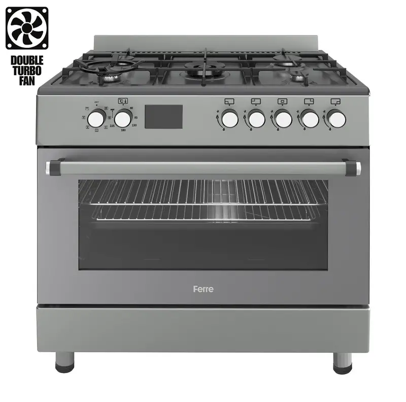 Ferre F9S50E7-Grd 90Cm Dual Fuel Range Cooker – Double Turbo Fan, 5 Burners (Incl. Wok) – Elegant Dove Grey 1