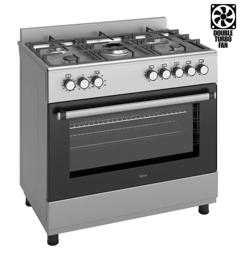 Ferre F9S50E7-X3-In 90Cm Dual Fuel Range Cooker – Double Turbo Fan, 5 Burners (Incl. Wok), Stainless Steel 1