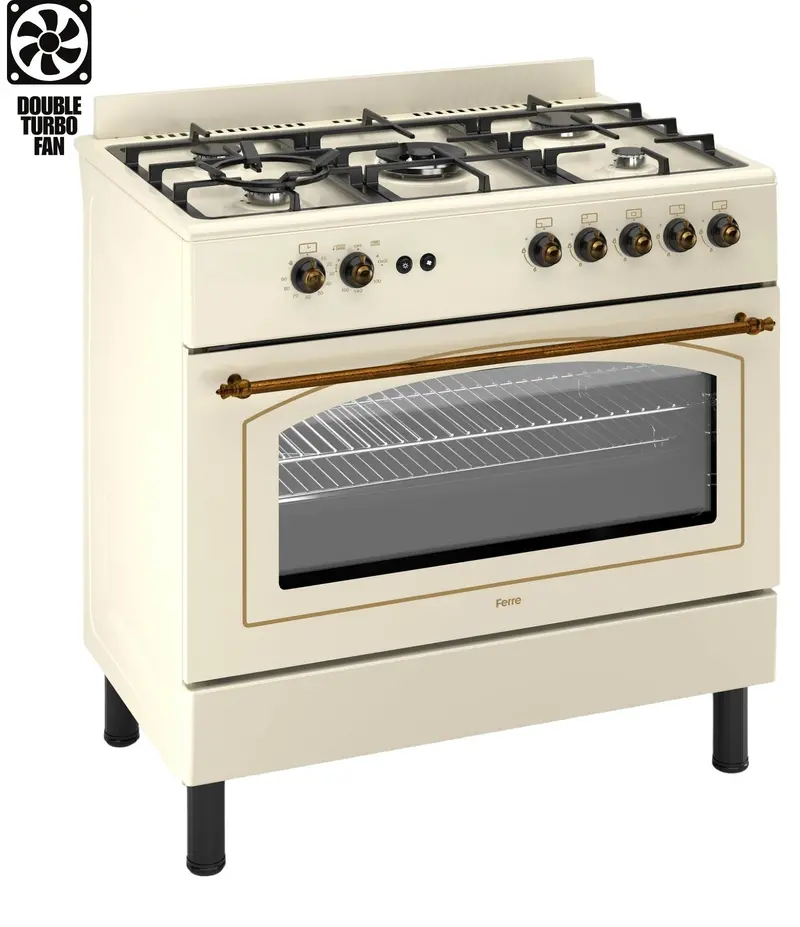 Ferre F9S50Gf-Cr-Retro 90 Cm Cream Retro Gas Range Cooker With Double Turbo Fan And 5-Burner Gas Hob (1 Wok) 1