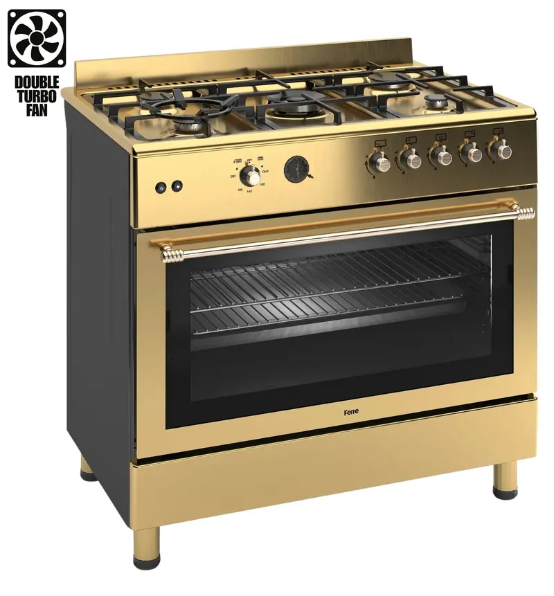 Ferre F9S50Gf-Gi-Retro 90 Cm Shiny Gold Retro Gas Range Cooker With Double Turbo Fan And 5-Burner Gas Hob (1 Wok) 1
