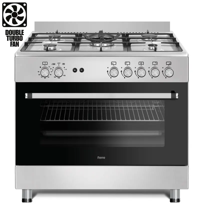 Ferre F9S50Gf-X3-In 90Cm Gas Range Cooker – Double Turbo Fan, 5 Burners (Incl. Wok) – Stainless Steel Build 1