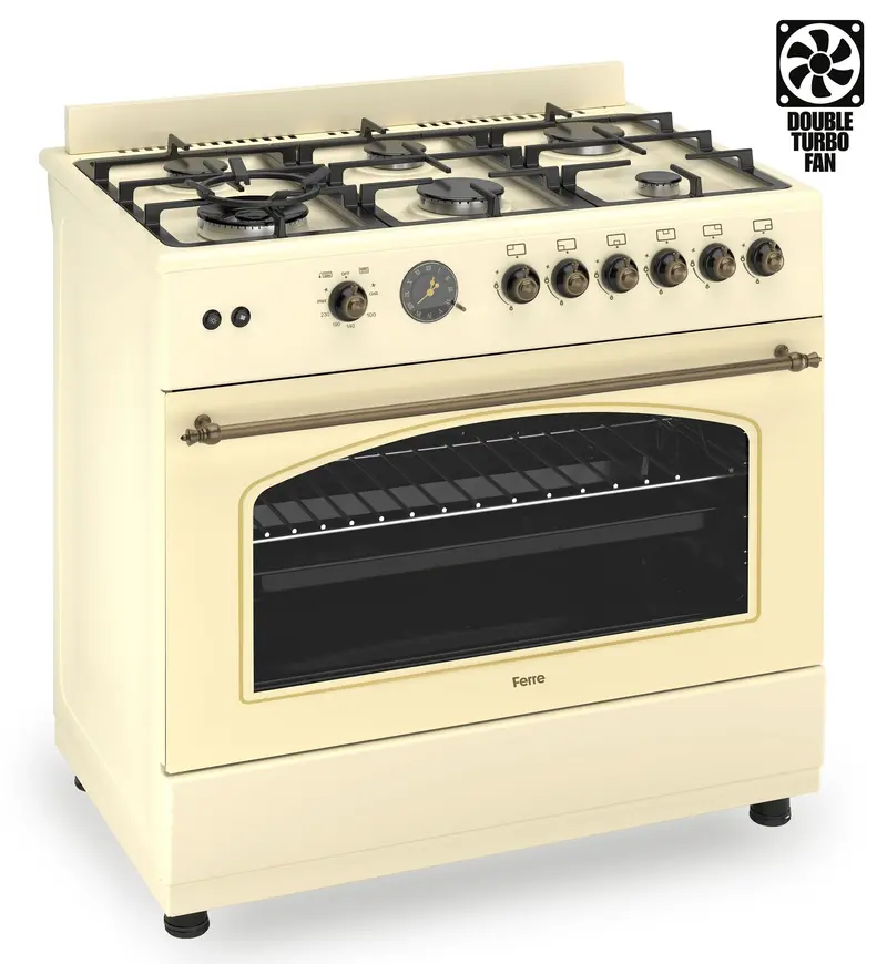 Ferre F9S60Gf-Cr-Retro 90Cm Gas Range Cooker – Double Turbo Fan, 6 Burners (Incl. Wok) – Cream Retro Finish 1