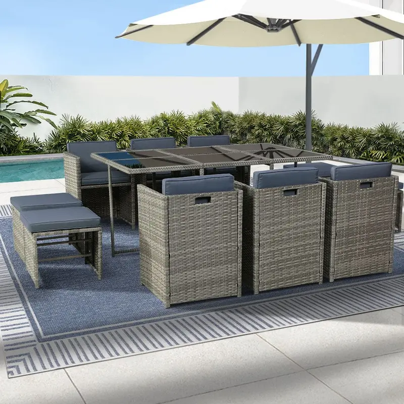 Gardeon 11-Piece Grey Wicker Outdoor Dining Set – Table, Chairs & Footstools Included 1