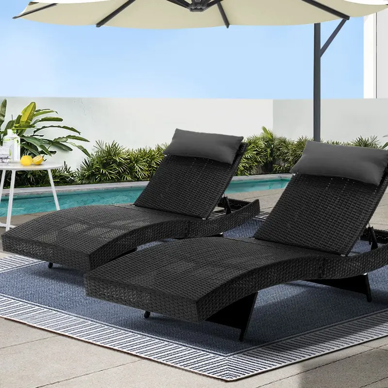 Gardeon 2-Pack Adjustable Outdoor Wicker Sun Loungers – Black 1