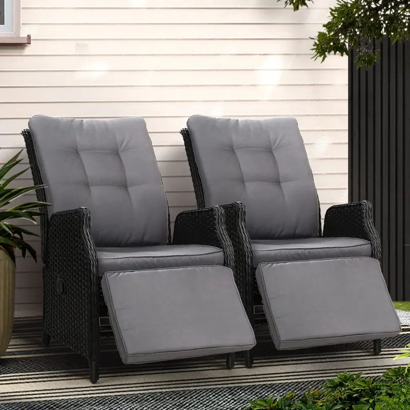 Gardeon 2-Pack Indoor/Outdoor Wicker Recliners With Footrests – Black 1