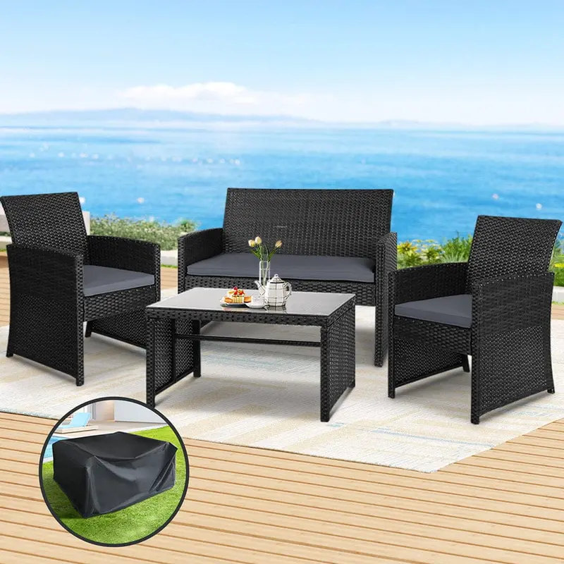 Gardeon 4-Piece Black Rattan Outdoor Sofa Set With Cushions, Table & Storage Cover 1