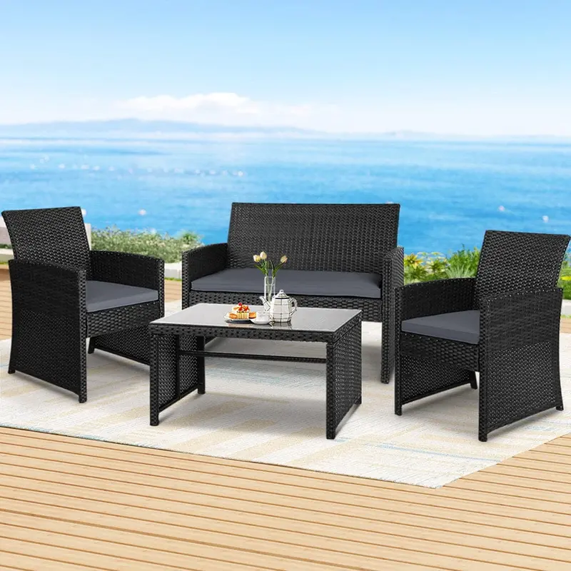 Gardeon 4-Piece Black Wicker Outdoor Sofa Set With Chairs & Coffee Table 1