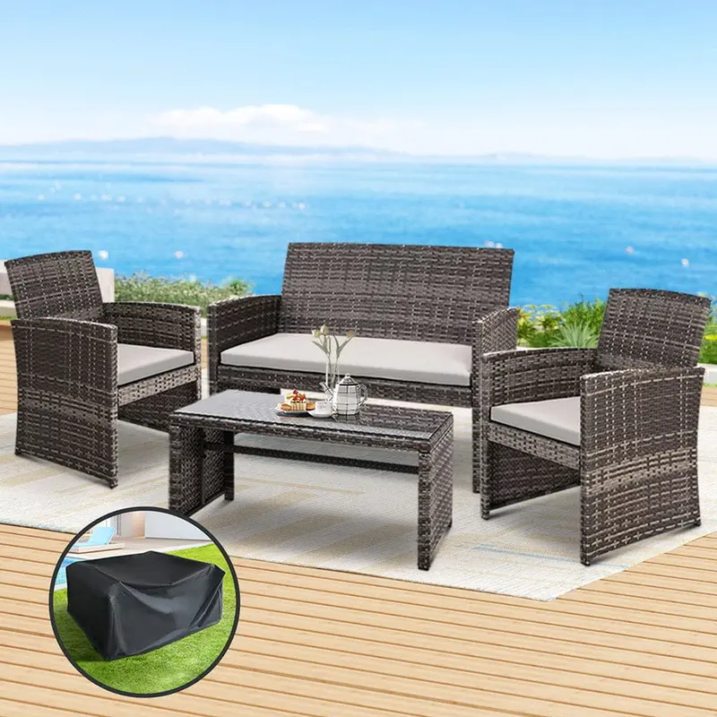 Gardeon 4-Piece Grey Rattan Outdoor Sofa Set With Cushions & Storage Cover 1
