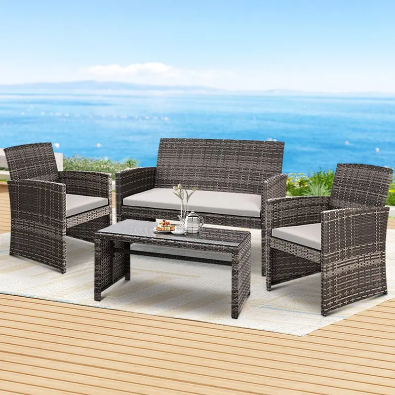 Gardeon 4-Piece Grey Wicker Outdoor Sofa Set With Chairs & Coffee Table 1