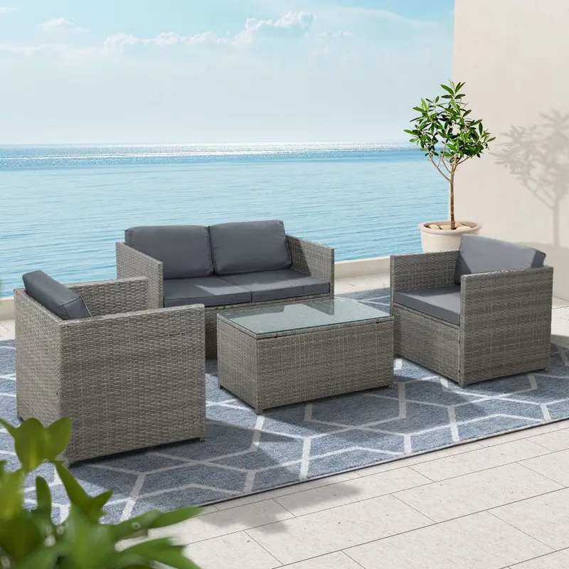 Gardeon 4-Piece Wicker Outdoor Sofa Set With Glass Table & Cushions – Grey 1