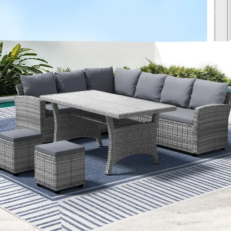 Gardeon 8-Piece Modular Outdoor Wicker Dining Set – Grey (Table, Sofas & Chairs) 1