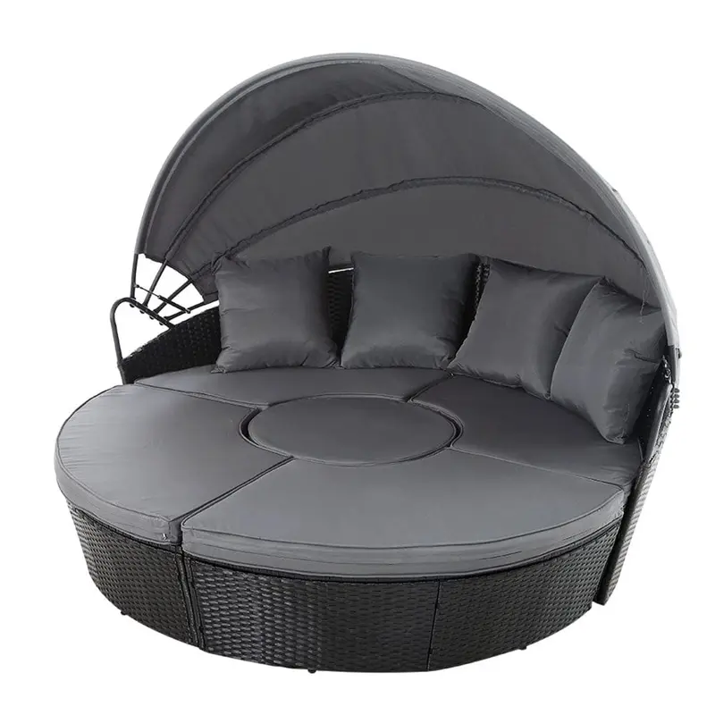 Gardeon Black Modular Rattan Outdoor Daybed With Canopy & Premium Cushions 1