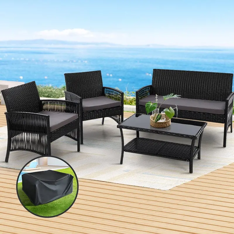 Gardeon Black Wicker Outdoor Sofa Set – 4-Piece With Glass Table & Storage Cover 1