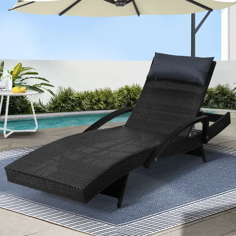 Gardeon Black Wicker Sun Lounger With Armrests & Adjustable Headrest 1