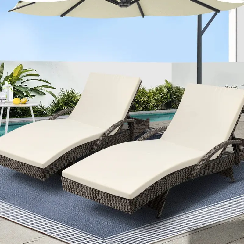 Gardeon Grey & Beige Wicker Outdoor Reclining Loungers – 2-Piece Set With Armrests & Cushions 1