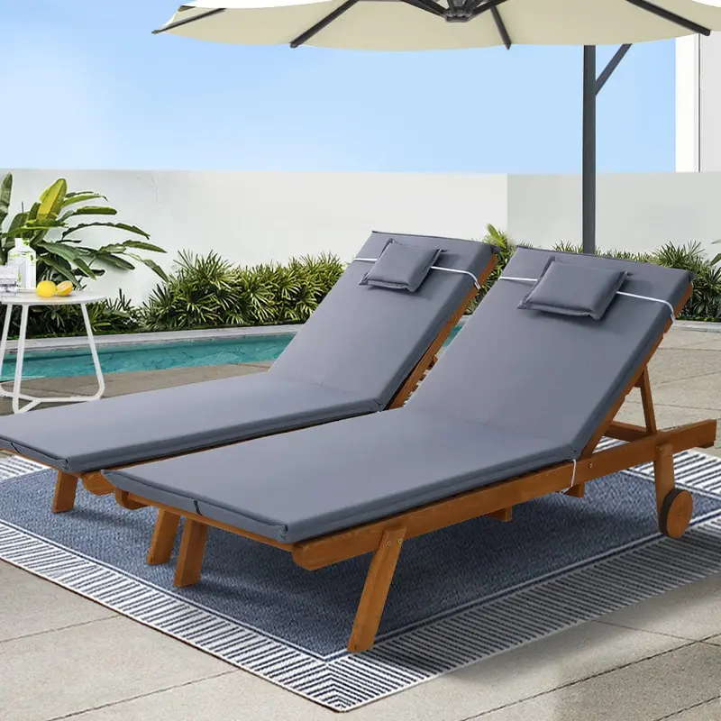 Gardeon Grey Dual Sun Loungers – Adjustable Backrest, Wheels & Cushions 1