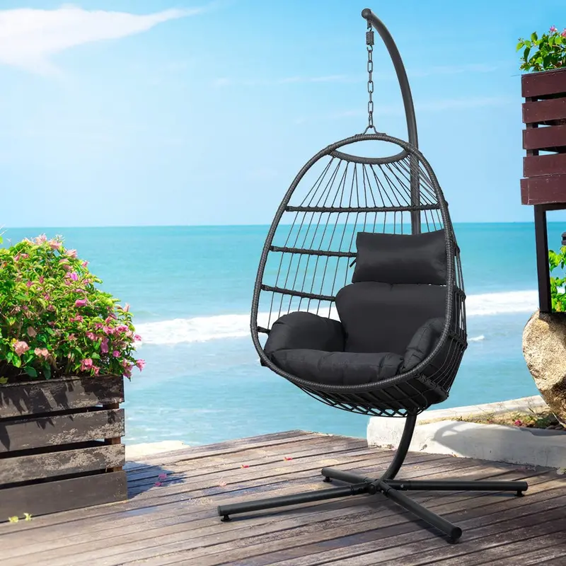 Gardeon Hanging Wicker Egg Swing Chair With Stand & Cushion – Grey 1