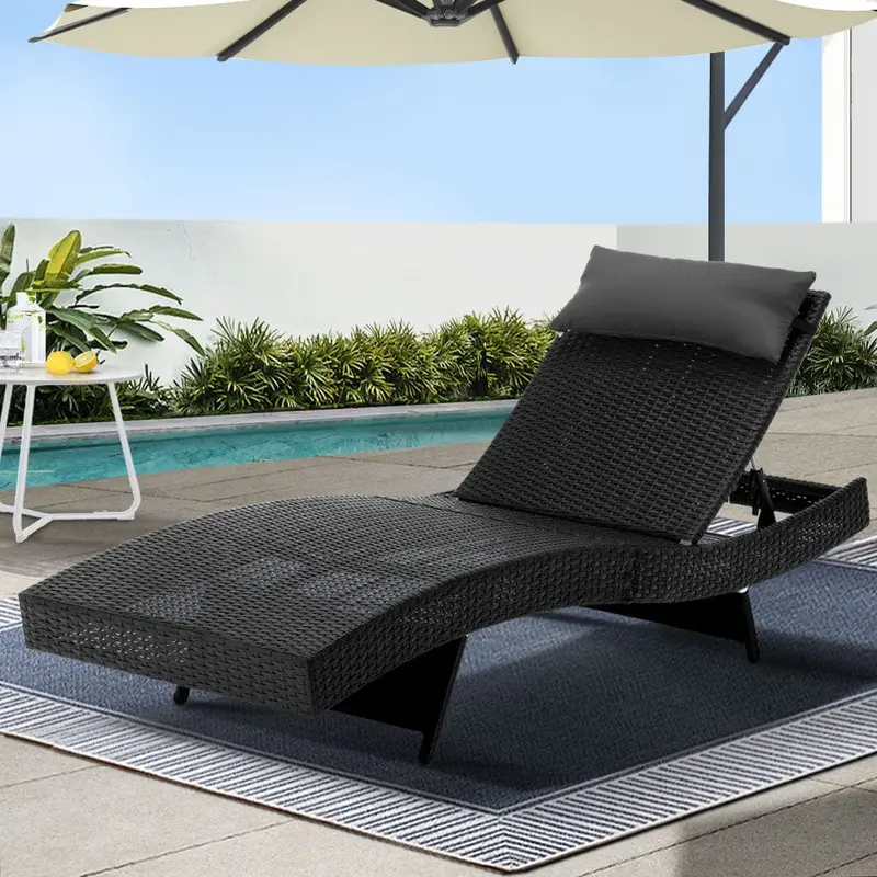 Gardeon Wicker-Framed Outdoor Sun Lounger With Adjustable Backrest And Headrest – Black 1