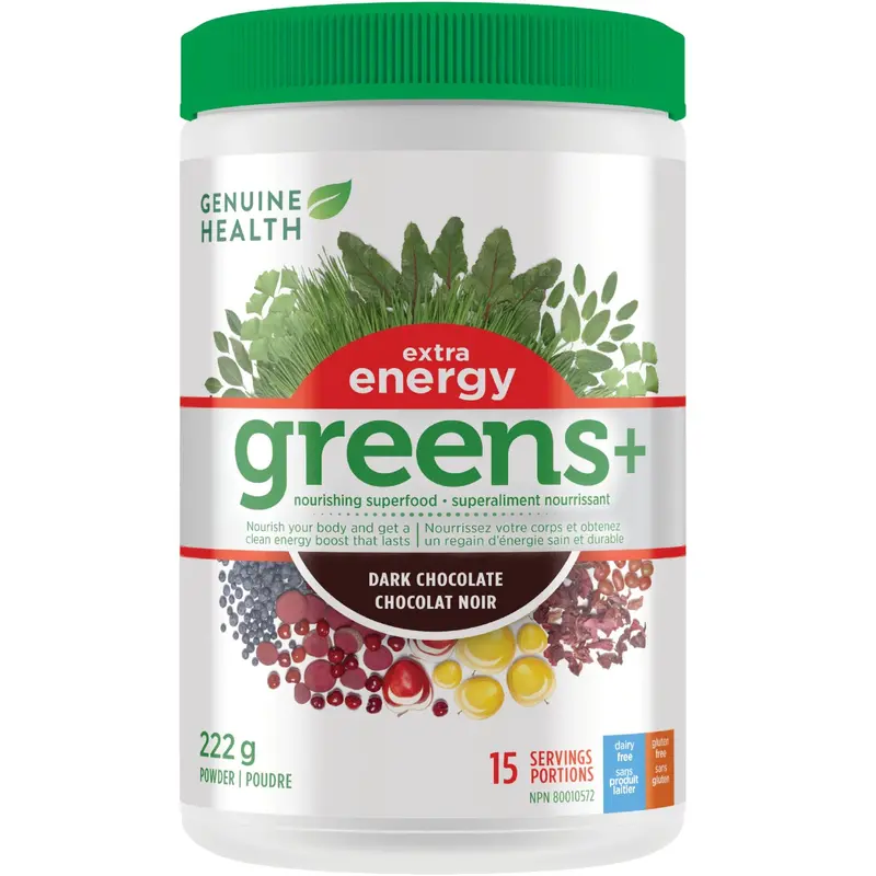 Genuine Health Greens+ Extra Energy Powder – Dark Chocolate Flavor (222 G, 15 Servings) 1