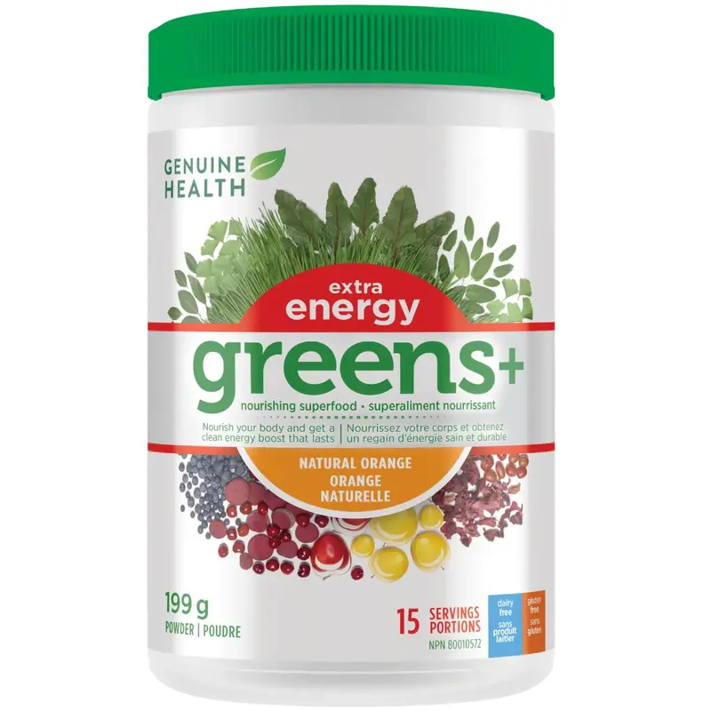 Genuine Health Greens+ Extra Energy Powder – Natural Orange Flavor (199 G, 15 Servings) 1
