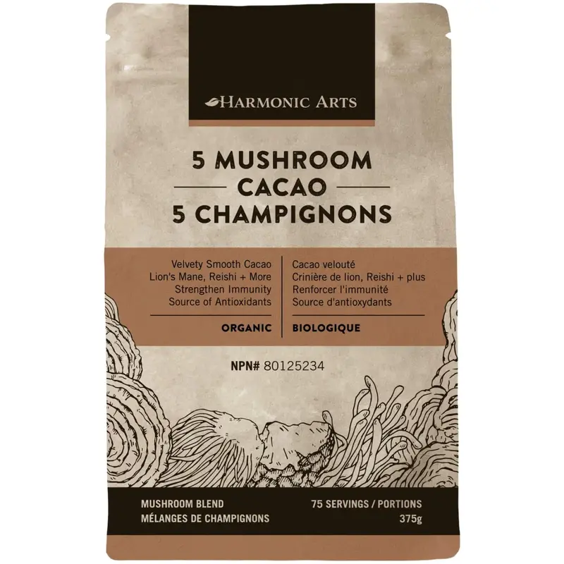 Harmonic Arts 5-Mushroom Cacao Herbal Latte – Organic Adaptogenic Drink Mix, 375 G 1
