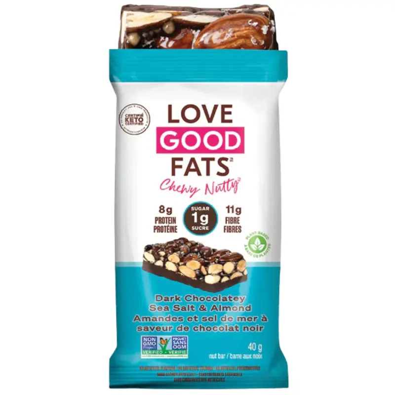 Love Good Fats Dark Chocolate Sea Salt & Almond Chewy Bar – Low-Sugar Healthy Snack, 40G 1