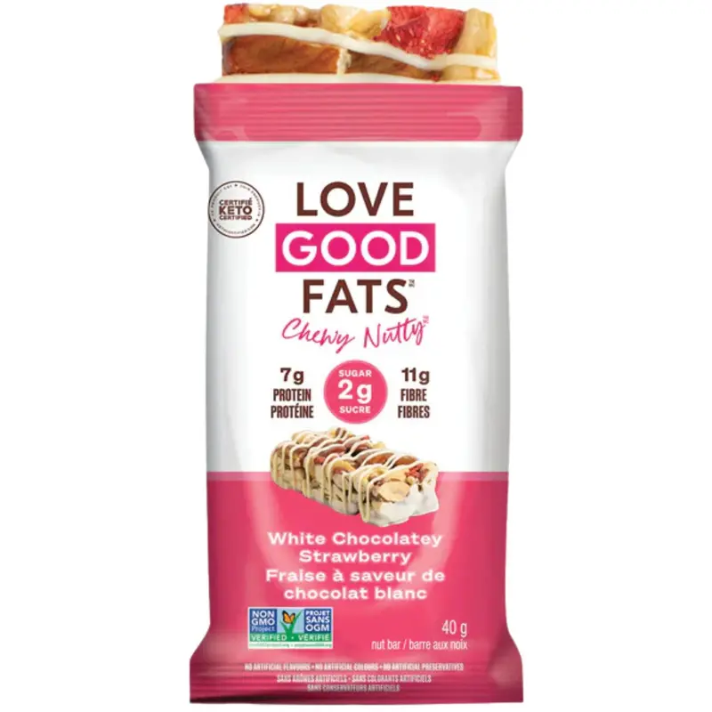 Love Good Fats White Chocolate Strawberry Chewy Bar – Nut Butter Protein Snack, 40G Single Serve 1
