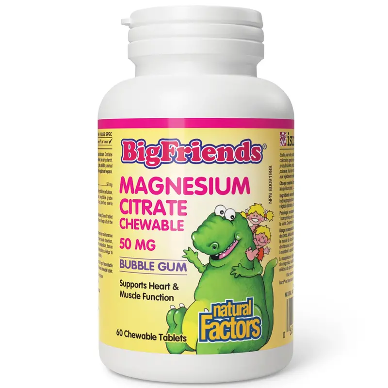 Natural Factors Big Friends Chewable Magnesium Citrate – 50 Mg Per Tablet, Bubble Gum Flavor, 60 Gummies 1