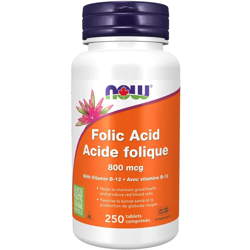 Now Folic Acid 800 Mcg With B12 – Prenatal & Cellular Health Tablets, 250 Count 1