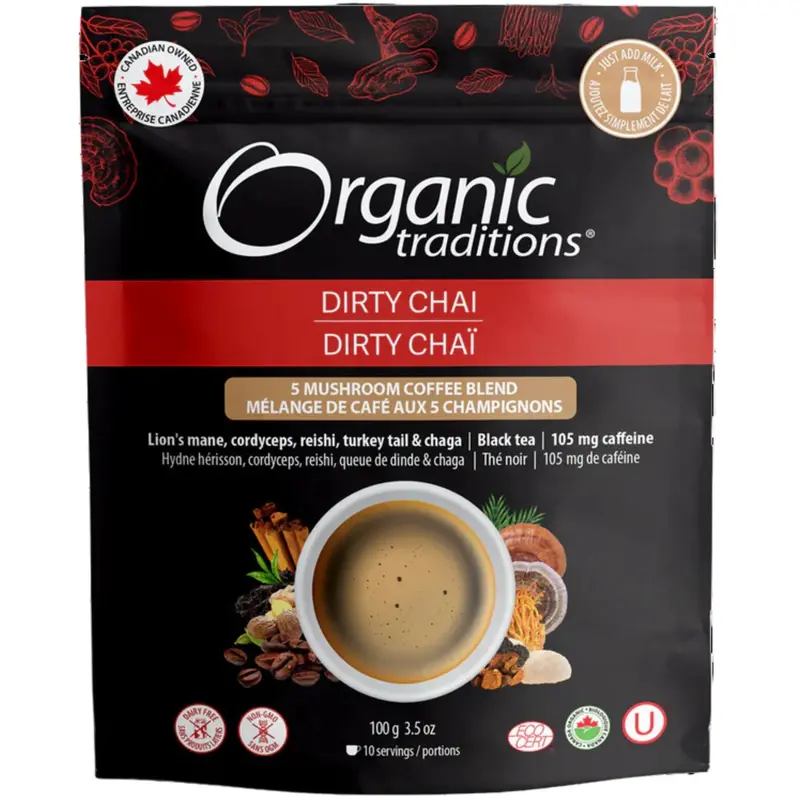 Organic Traditions Dirty Chai Mushroom Coffee Blend – 100G Organic Functional Brew 1